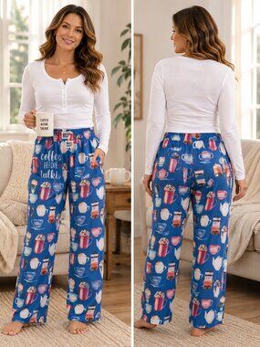 ☕💙 Brief Insanity "Coffee Before Talkie" PJ Lounge Pants – Women's Size L 💙☕